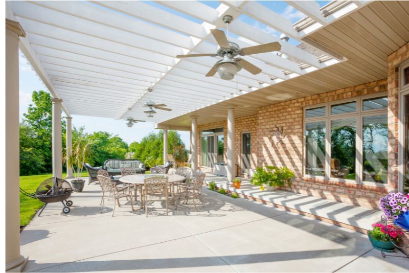 Large paved patio built to complement the home's exterior